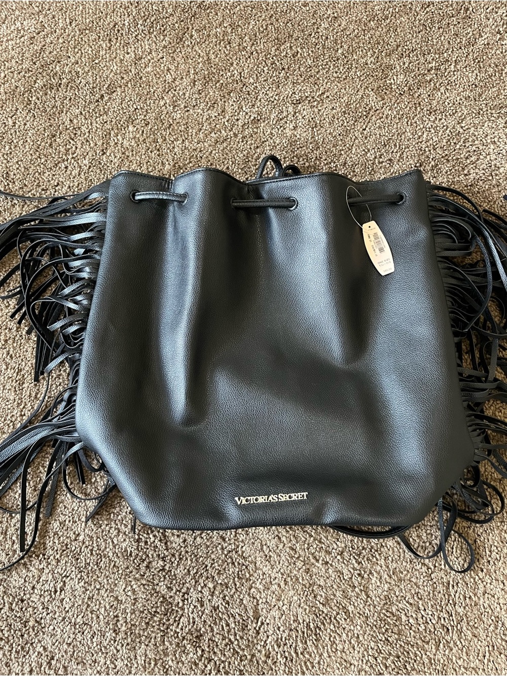 Victoria's Secret Black Fringe Drawstring Tote